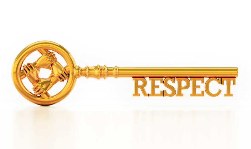 Respect key with holding hands isolated on white background. 3D illustration