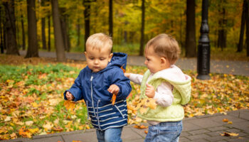 Two,Toddler,Kids,Are,Playing,In,The,Autumn,Park,With