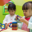 Asian,Chinese,Little,Girls,Playing,Colorful,Magnet,Plastic,Blocks,Kit